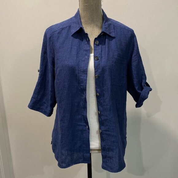 Olsen Blue Linen button-down shirt Size SMALL/Medium - Picture 3 of 16